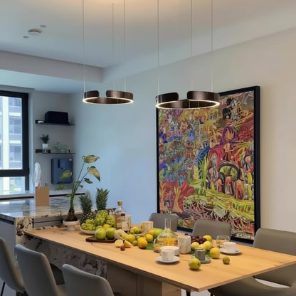 Modern dining room with a colorful abstract painting on the wall.