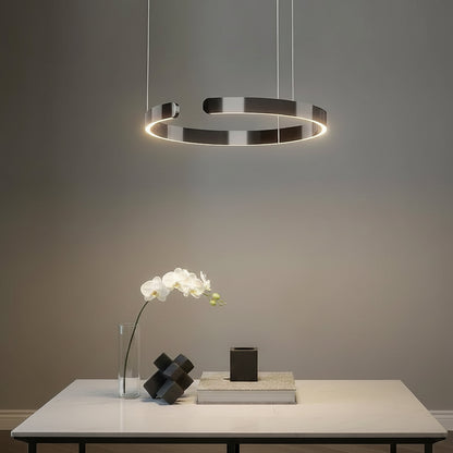 Modern pendant light fixture in a room with decorative elements.