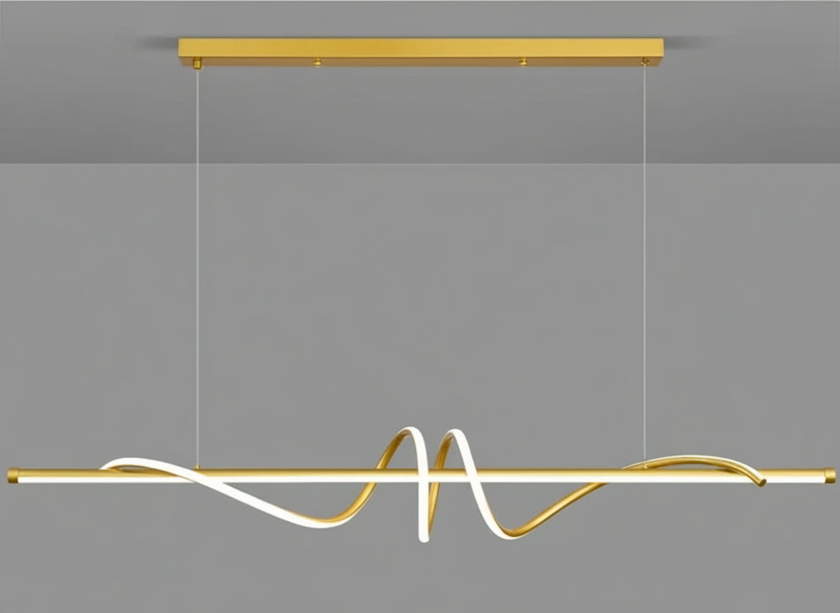 Modern pendant light with gold frame and white interior on a gray background