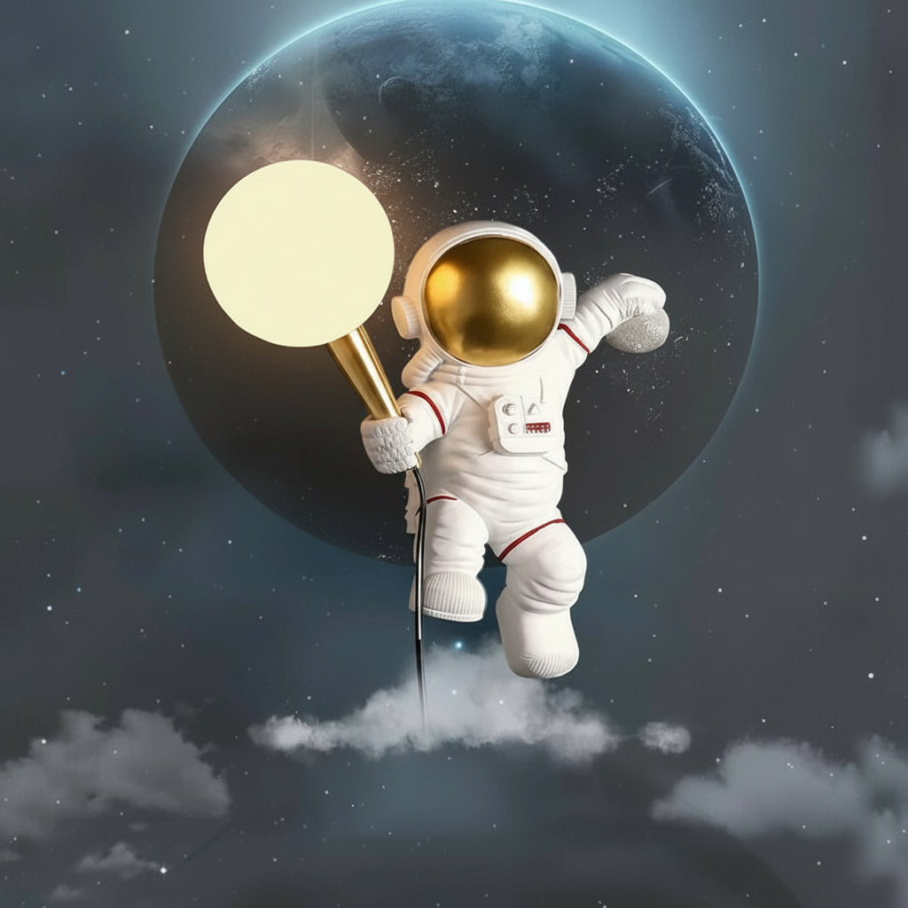 Astronaut holding a light bulb with a planet in the background