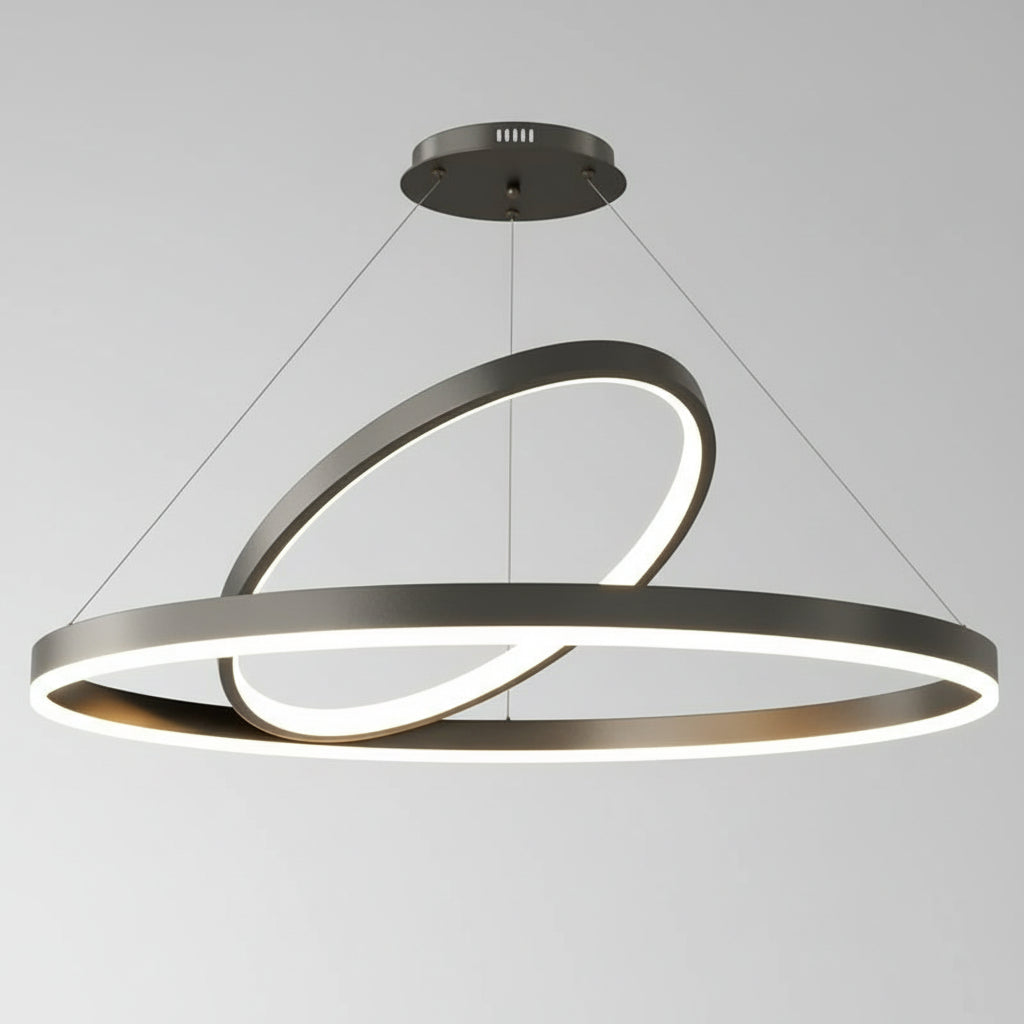 Modern pendant light with two concentric rings on a gray background