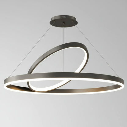 Modern pendant light with two concentric rings on a gray background
