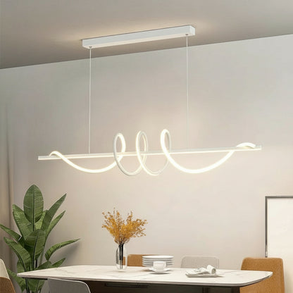 Modern pendant light fixture in a dining room setting with Kagu branding.