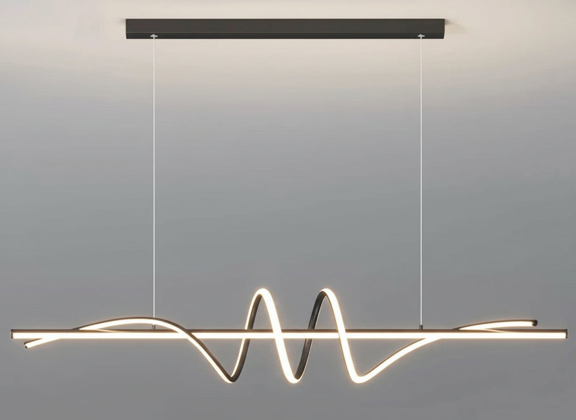 Modern pendant light with wavy design on a gray background